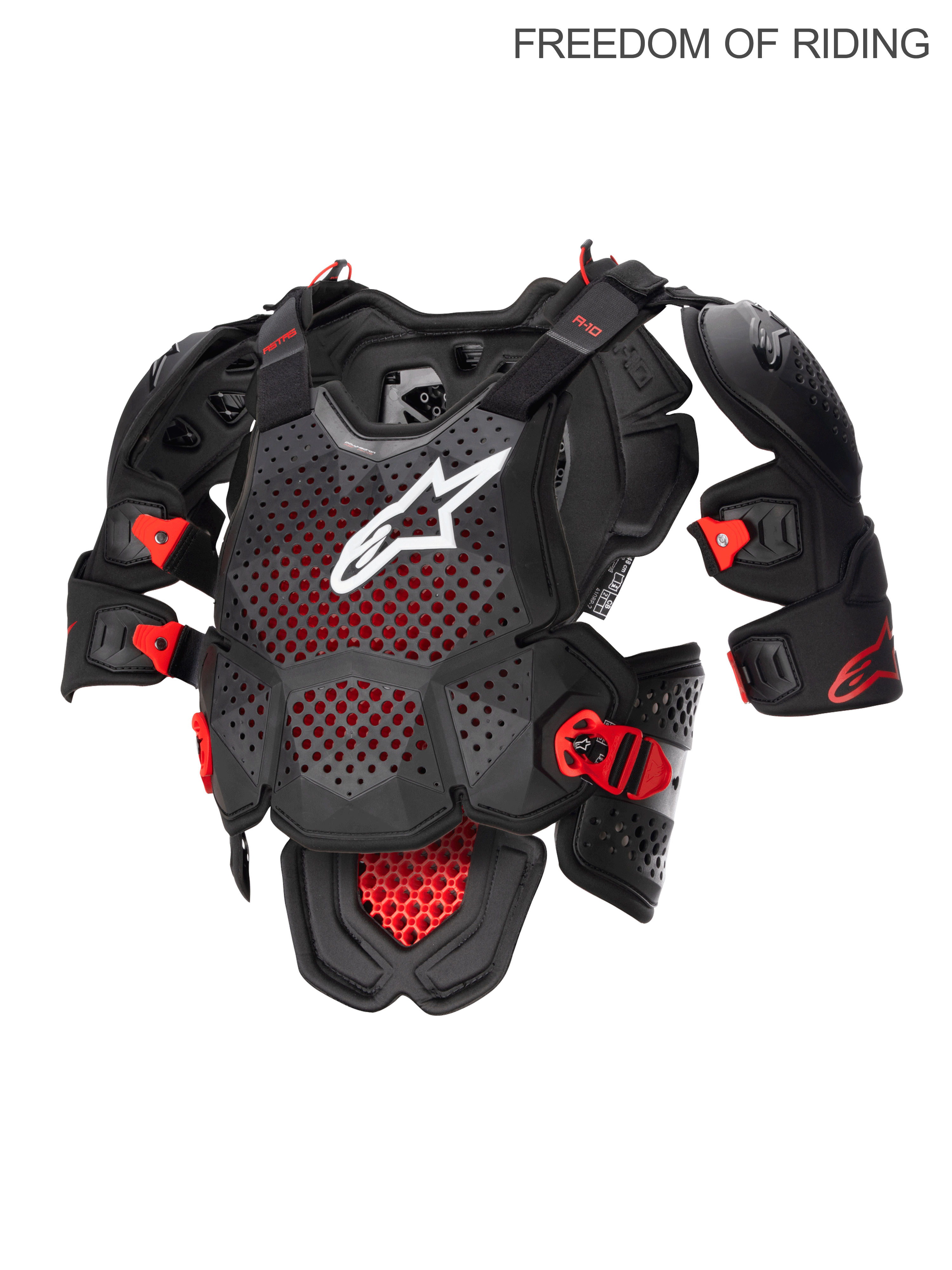 Alpinestars A-10 V2 Full Chest Protector, Motocross and Off-Road Body Armor for Men, Anthracite Black and Red, CE Level 2 Certified Polyhedron Hybrid Technology featuring a highly ventilated structure and integrated shoulder protectors for impact protection.
