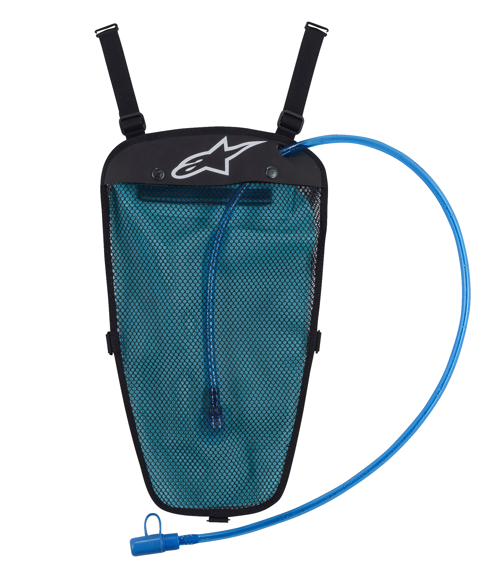 Alpinestars Hydration Pack, Black and Blue, 1.5L water bladder in mesh pouch, blue drinking tube with mouthpiece, white Astar logo, adjustable straps for jacket integration, designed for off-road and adventure riding