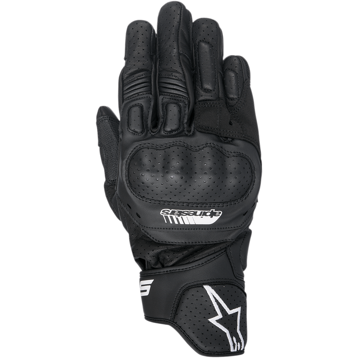 Alpinestars SP-5 Gloves, Motorcycle Racing Gloves, Black, Perforated Leather with Integrated Polymer Knuckle Protection, Padded Fingers, White Alpinestars Logo on Cuff, Short-Cuff Sport Riding Design