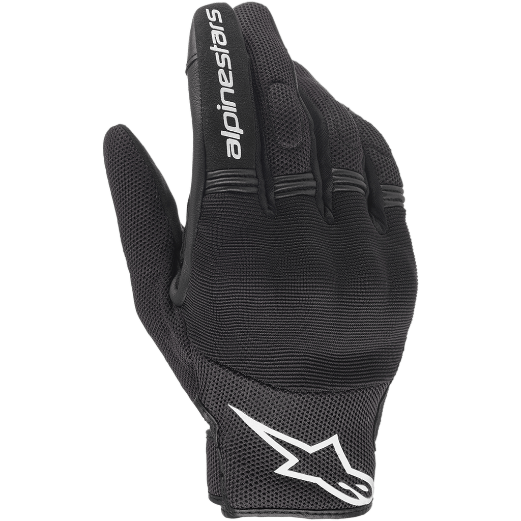 Alpinestars Copper Gloves, Urban Motorcycle Gloves, Black and White, backhand view showing mesh and textile construction, white Alpinestars logo on the wrist and lettering on the index finger, featuring accordion stretch panels and integrated knuckle protection.