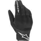 Alpinestars Copper Gloves, Urban Motorcycle Gloves, Black and White, backhand view showing mesh and textile construction, white Alpinestars logo on the wrist and lettering on the index finger, featuring accordion stretch panels and integrated knuckle protection.