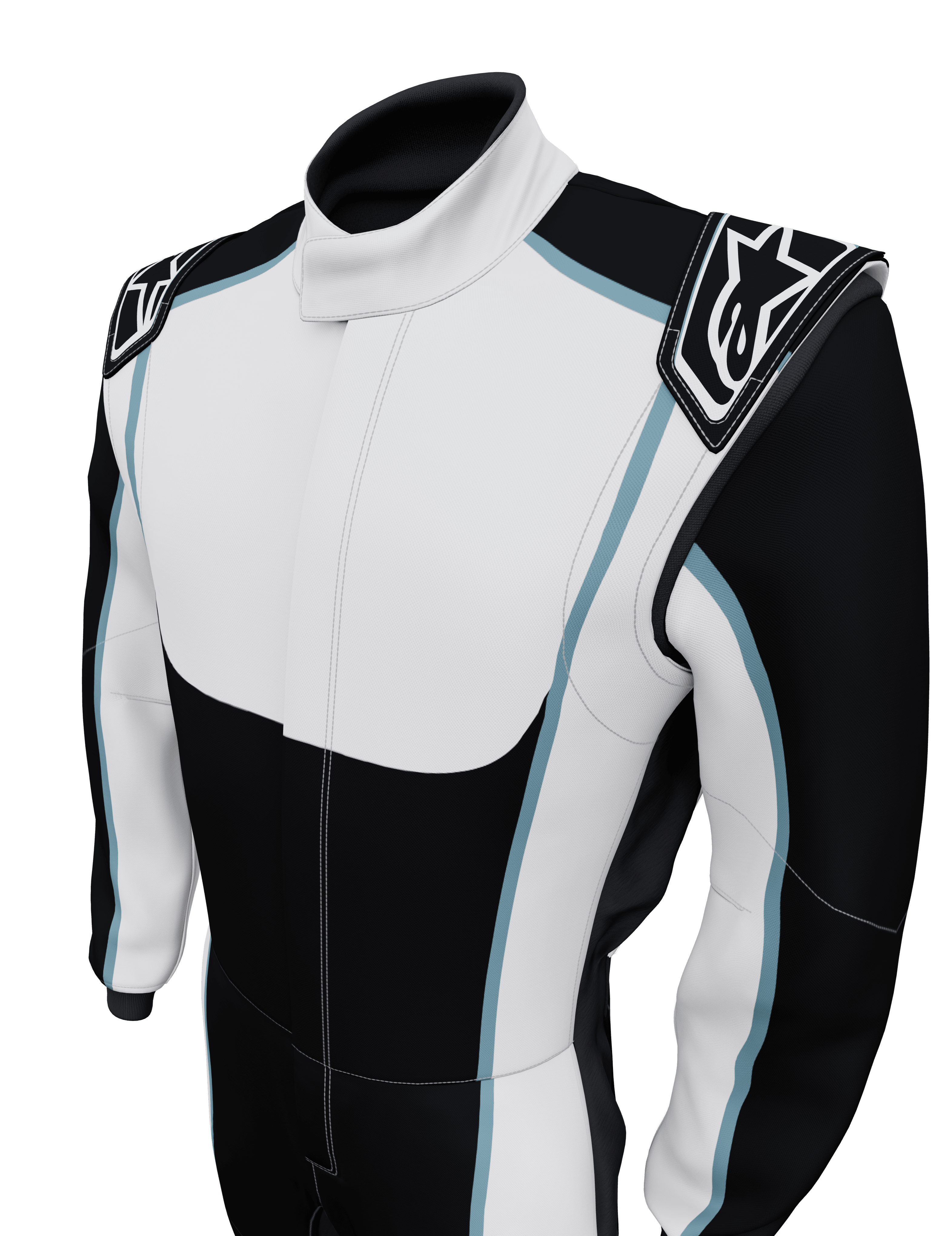 Alpinestars Tech Vision V3 Custom Auto Racing Suit, white and black with blue trim, FIA-certified performance gear.