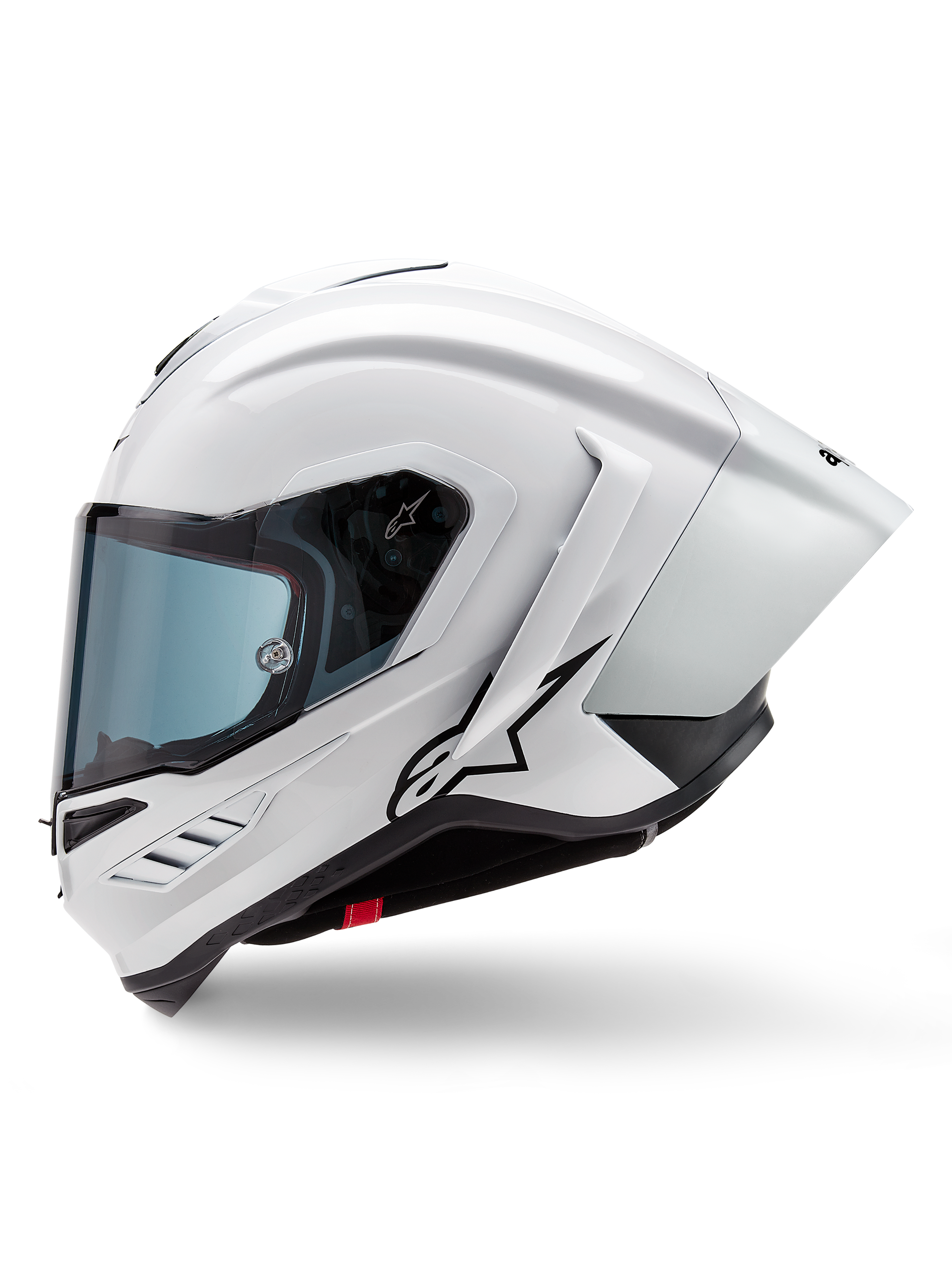 Alpinestars Supertech R10 Solid Helmet, Full-Face Racing Helmet, White Glossy and Black Matte, side profile view with integrated aerodynamic spoiler and tinted visor, featuring a black Alpinestars star logo.