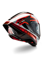 Alpinestars Supertech R10 Team Helmet, Full-Face Racing Helmet, Black Carbon Red and White Glossy, aerodynamic design with rear spoiler and visible carbon fiber texture, featuring bold Alpinestars logos and DOT certification label