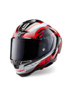 Alpinestars Supertech R10 Team Helmet, Full-face motorcycle helmet, Glossy Black Carbon with Red and White graphics, aerodynamic shell, featuring bold Alpinestars branding and tinted visor