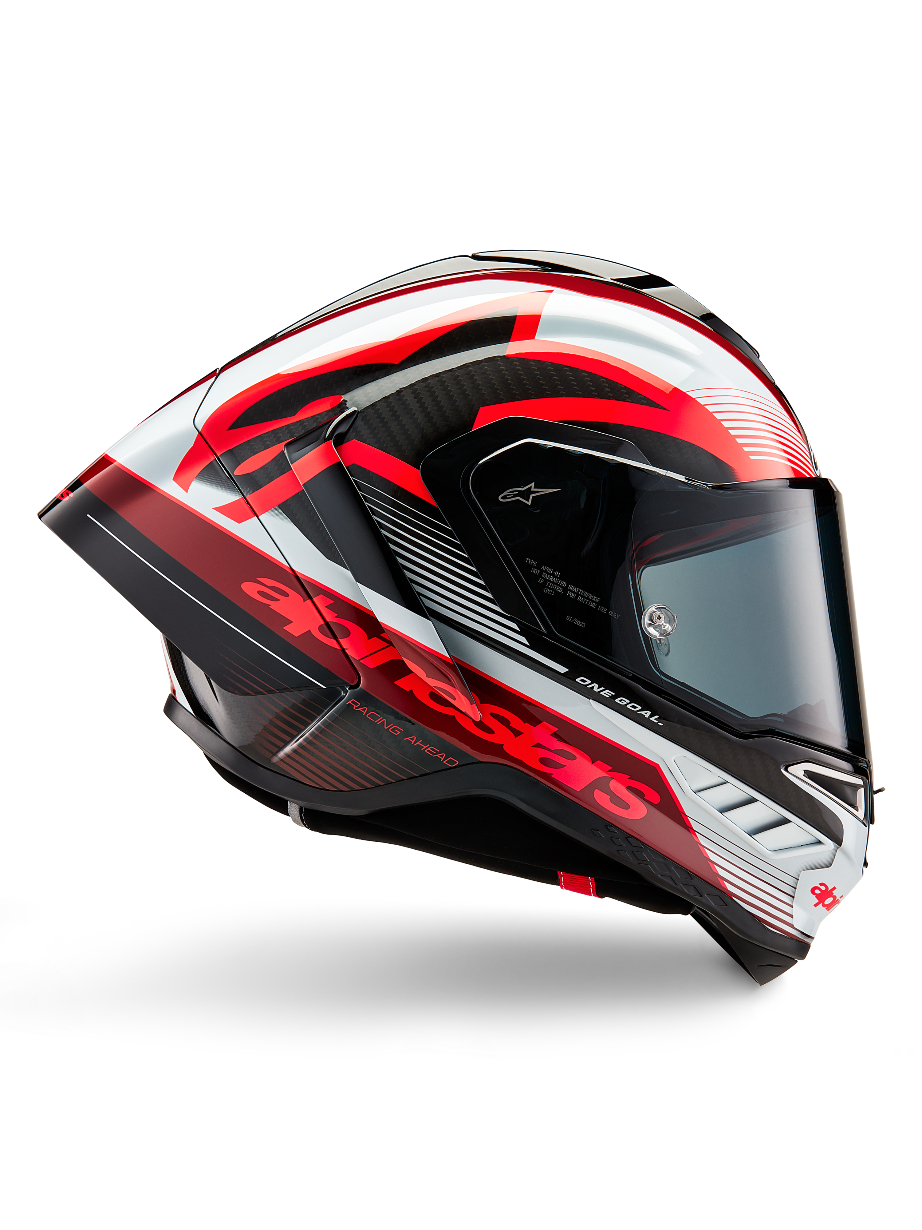 Alpinestars Supertech R10 Team Helmet, Motorcycle Racing Helmet, Black Carbon with Red and White Glossy Graphics, aerodynamic profile view featuring a dark visor, carbon fiber details, and bold red branding, high-performance racing gear