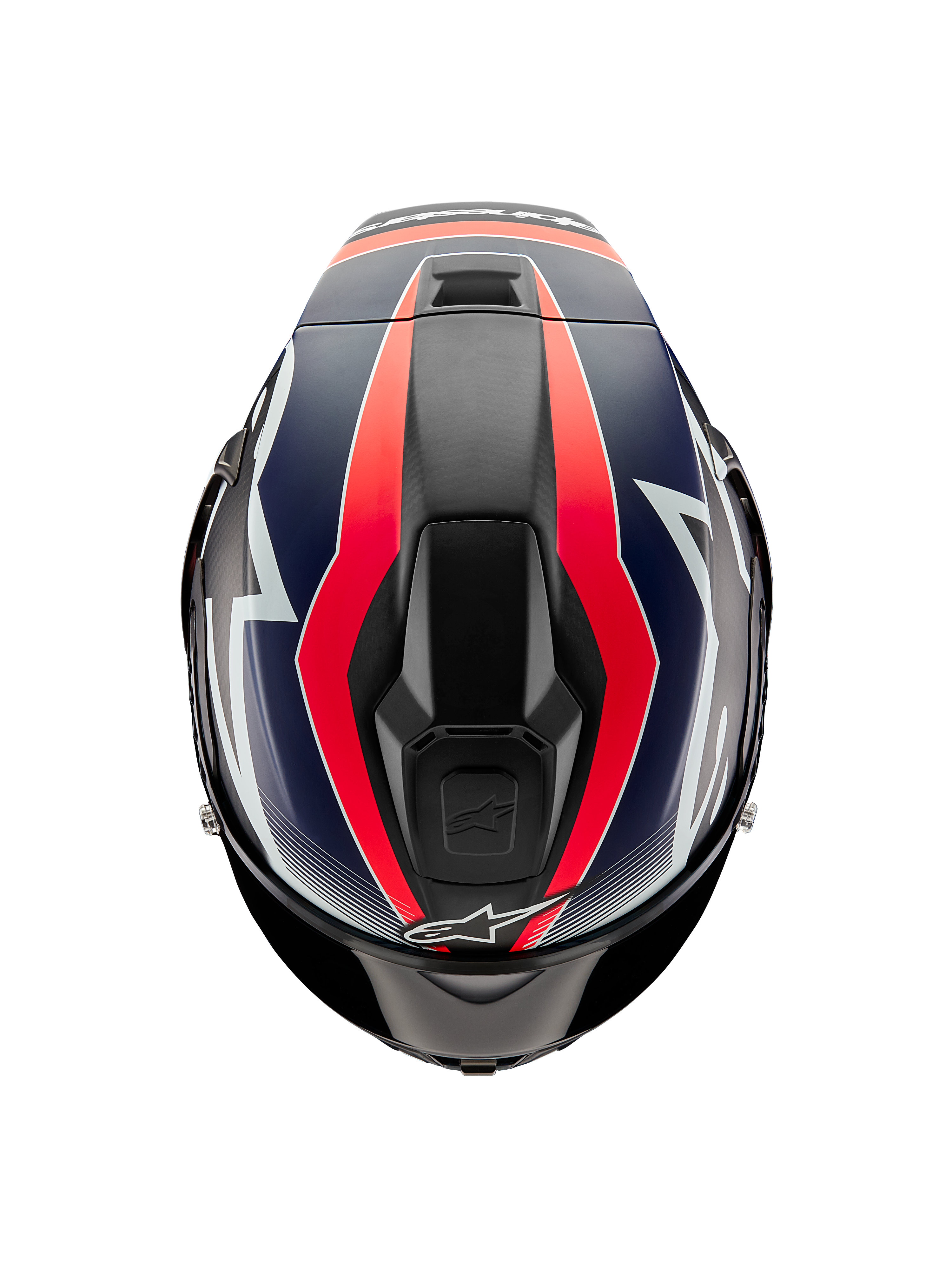 Alpinestars Supertech R10 Team Helmet, top-down view, Black Carbon with Red Fluo and Matte Blue graphics, featuring an aerodynamic shell design with top ventilation ports and bold racing accents.