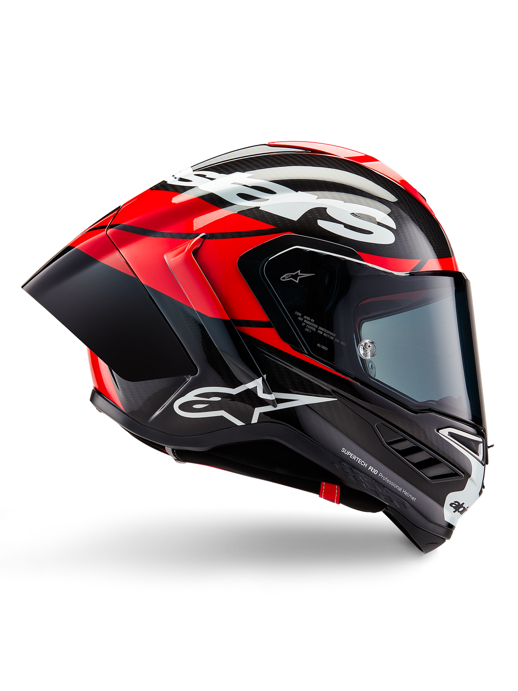 Alpinestars Supertech R10 Element Helmet, Full-face motorcycle racing helmet, Black Carbon with Bright Red and White accents, side profile showing aerodynamic carbon fiber shell, glossy finish with white logo, tinted visor, professional racing protection