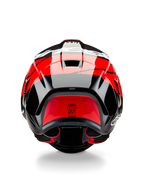 Alpinestars Supertech R10 Element Helmet, rear view, Black Carbon with Bright Red and White Glossy accents, featuring an aerodynamic rear spoiler, exhaust vents, and DOT certification label, sleek racing-inspired design with carbon fiber detailing