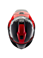 Alpinestars Supertech R10 Element Helmet, Top View, Black Carbon with Bright Red and White Glossy graphics, aerodynamic race helmet featuring large white logos and visible carbon fiber weave