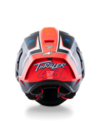 Alpinestars Supertech R10 Miller Limited Edition Helmet, Full-Face Racing Helmet, Carbon Red Matt with blue star graphics, rear view highlighting the 'Thriller 43' logo on the red spoiler, aerodynamic design with certification labels
