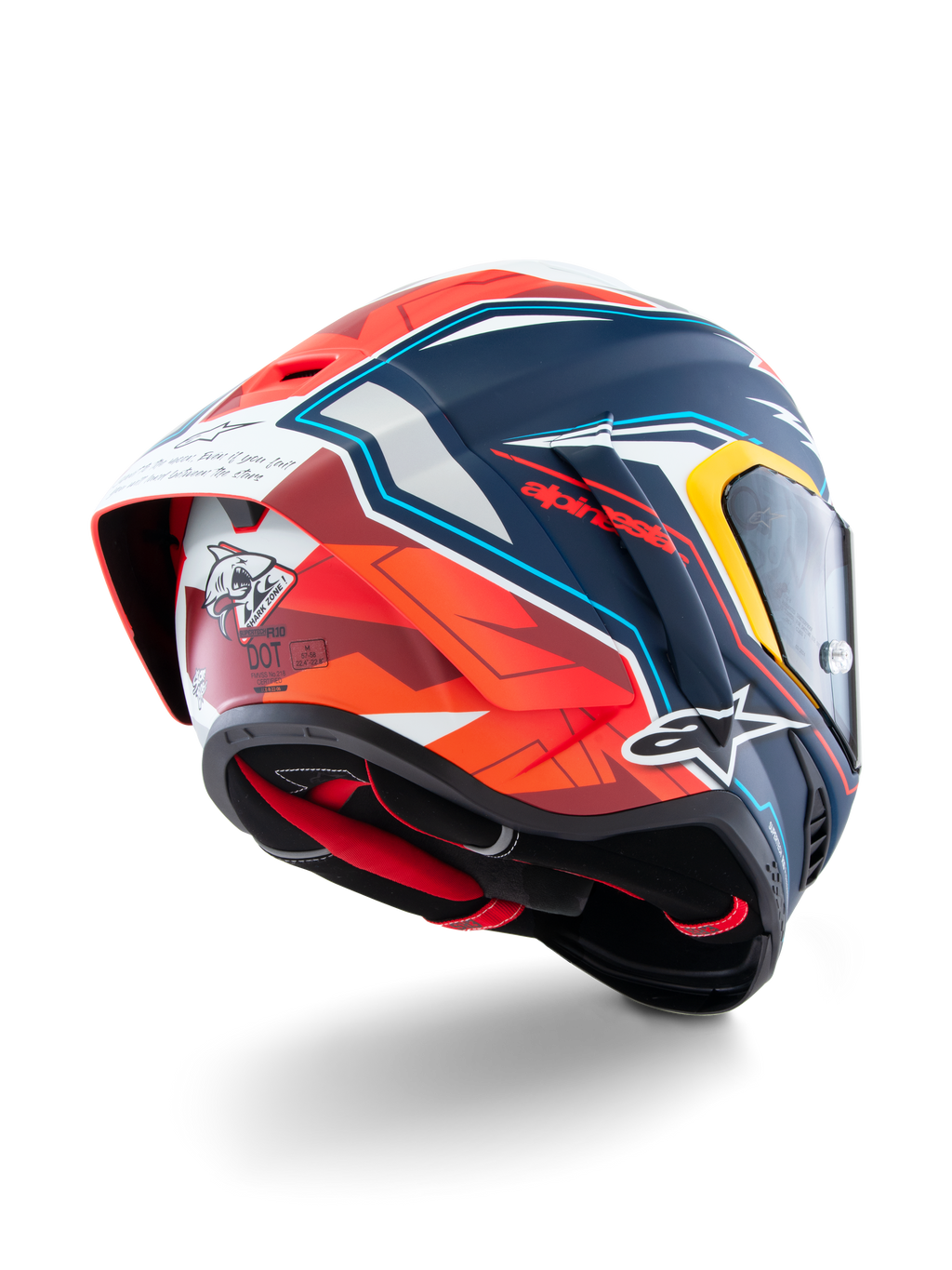 Alpinestars Supertech R10 Acosta Limited Edition Helmet, Rear-quarter view, Blue Red and White Matt finish, featuring aerodynamic spoiler, shark graphic on the back, Alpinestars logos, and DOT certification, high-performance racing motorcycle helmet