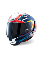 Alpinestars Supertech R10 Acosta Limited Edition Helmet, full-face motorcycle racing helmet, Blue Red and White Matt with graphic accents, aerodynamic carbon shell design, dark smoke visor, high-performance professional protective gear
