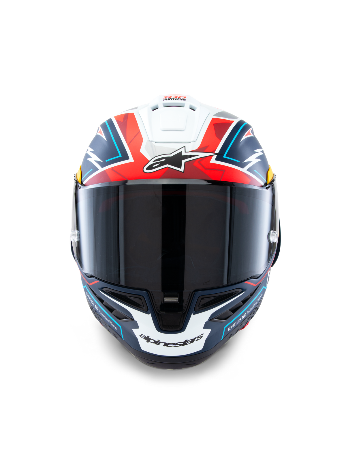 Alpinestars Supertech R10 Acosta Limited Edition Helmet, Front View, Blue Red and White Matt, high-performance racing helmet with dark smoke visor, bold geometric design and Alpinestars branding, carbon composite shell