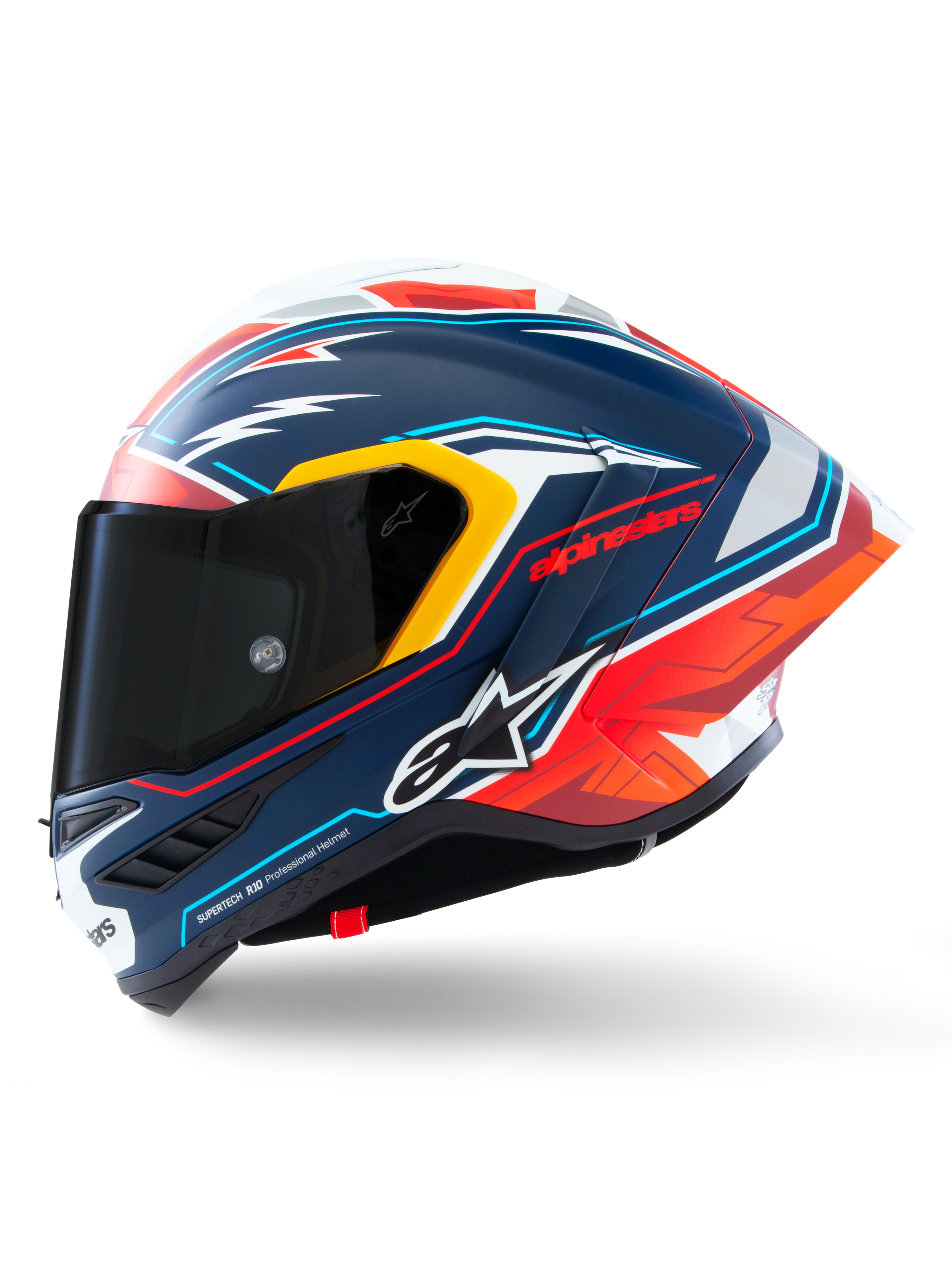 Alpinestars Supertech R10 Acosta Limited Edition Helmet, Full-Face Racing Helmet, Matte Blue with Red White and Yellow accents, side view showing dark smoke visor and aerodynamic winglet, professional carbon fiber racing design