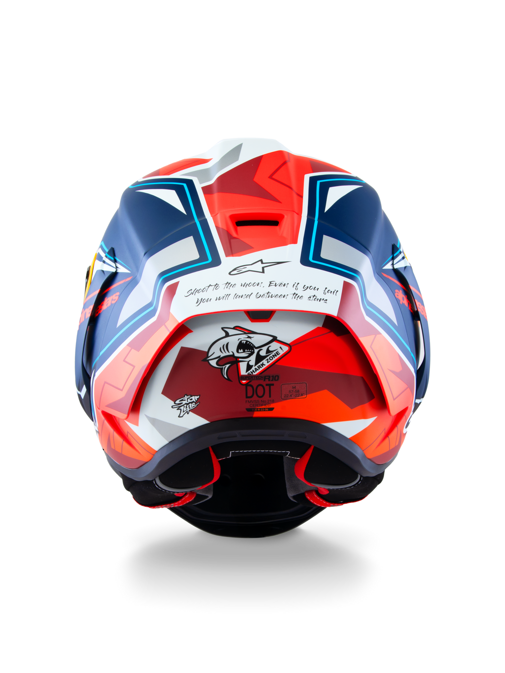 Alpinestars Supertech R10 Acosta Limited Edition Helmet, Rear View, Blue Red and White Matt, featuring "Shark Zone" shark graphic and inspirational quote on the back, aerodynamic racing spoiler and professional motorcycle protection