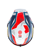Alpinestars Supertech R10 Acosta Limited Edition Helmet, top view of the carbon racing helmet in Blue Red White Matt with aerodynamic spoiler and race graphics, ECE 22.06 and FIM certified