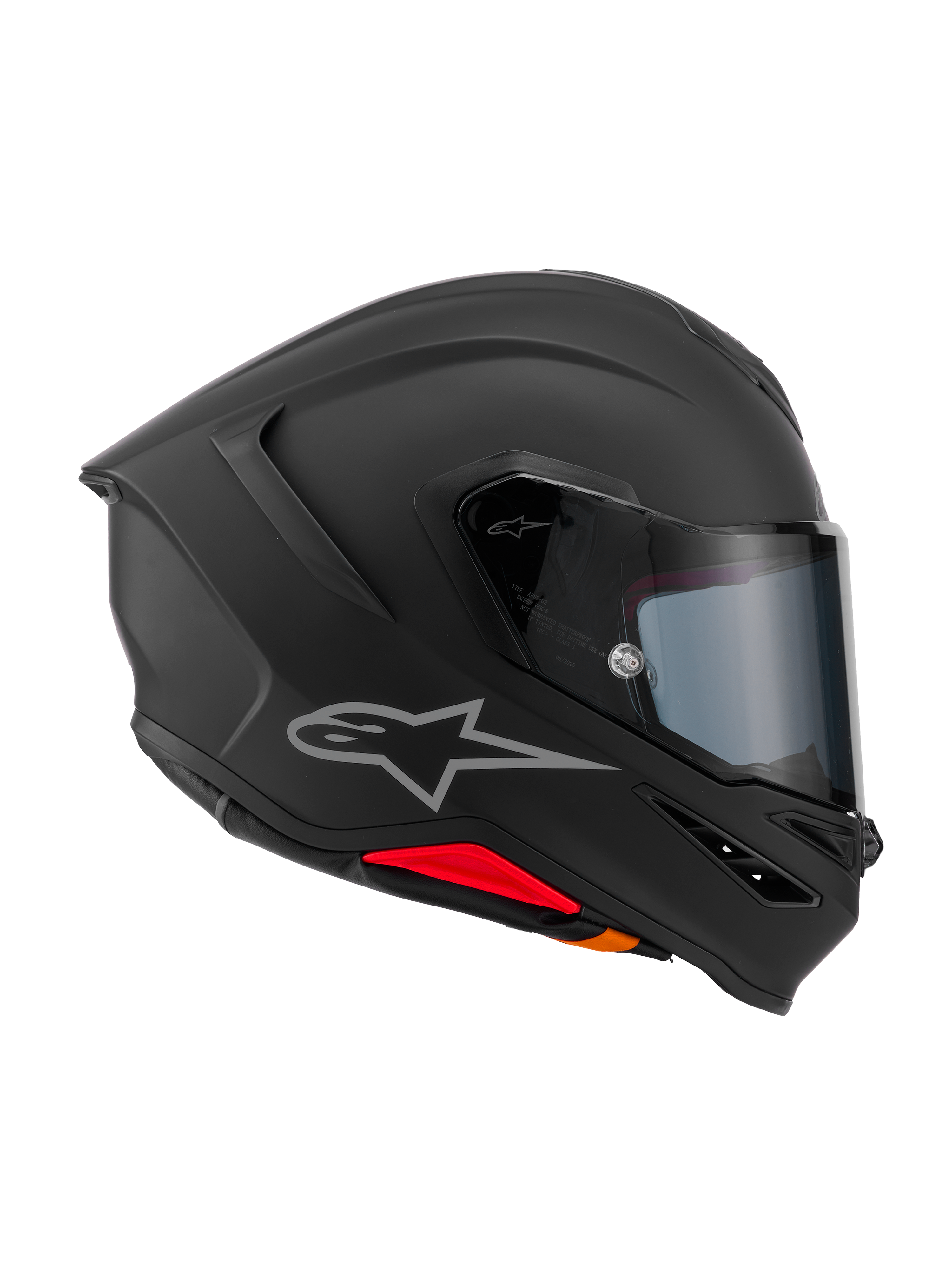 Alpinestars S-R7 Solid Helmet, Full-Face motorcycle helmet, Matte Black, side profile view showing aerodynamic carbon composite shell, integrated rear spoiler, silver Astars logo, clear visor, and ventilation ports, racing and sport riding gear