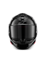 Alpinestars S-R7 Solid Helmet, Full-Face Motorcycle Helmet, Black Glossy, front view with a dark tinted visor, streamlined aerodynamic shell featuring chin and top vents, subtle silver Alpinestars logo on the forehead.