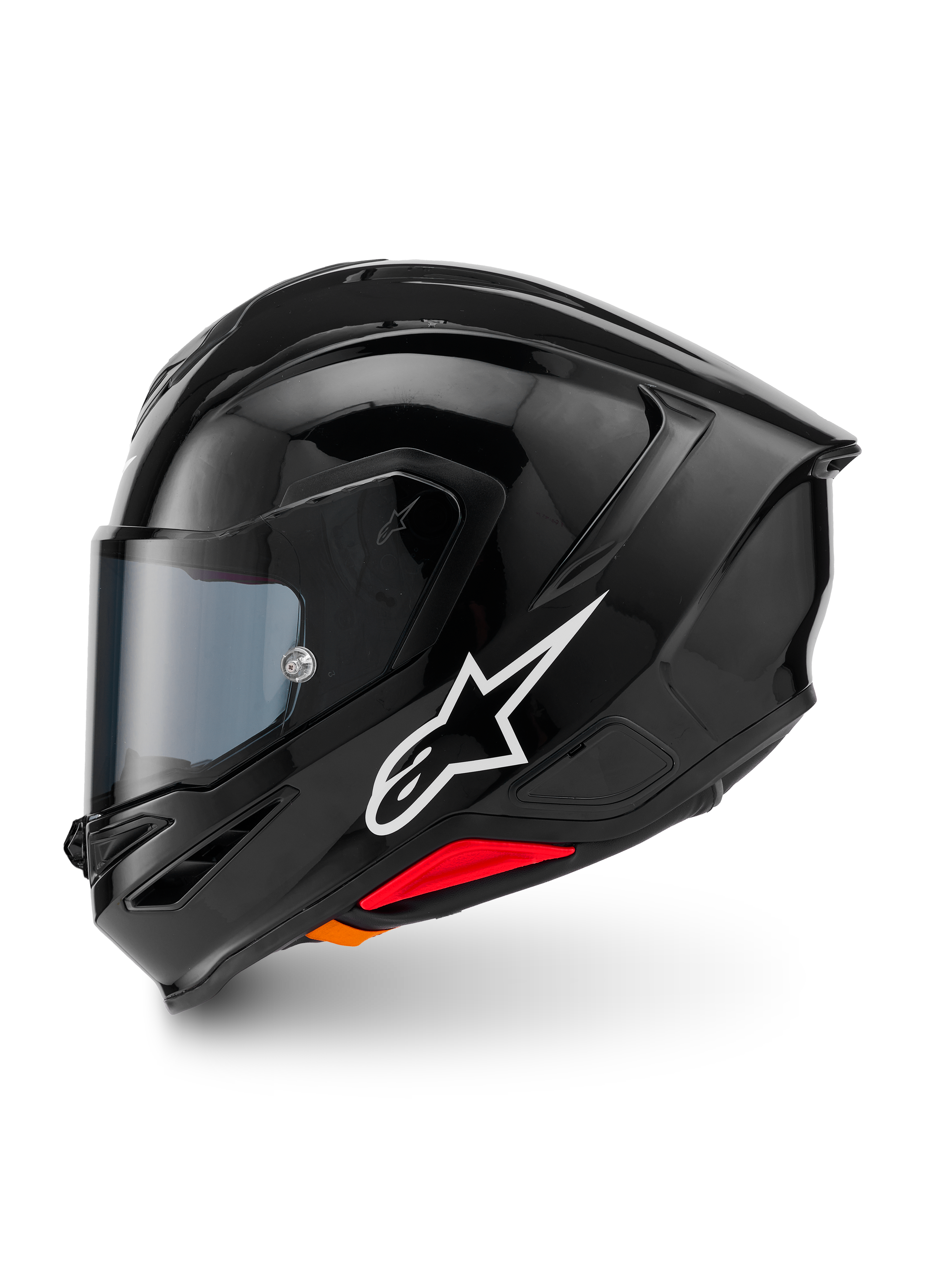 Alpinestars S-R7 Solid Helmet, full-face motorcycle helmet, Black Glossy, left side profile view featuring white Alpinestars logo, aerodynamic shell with integrated spoiler, tinted visor, and red emergency release accents.