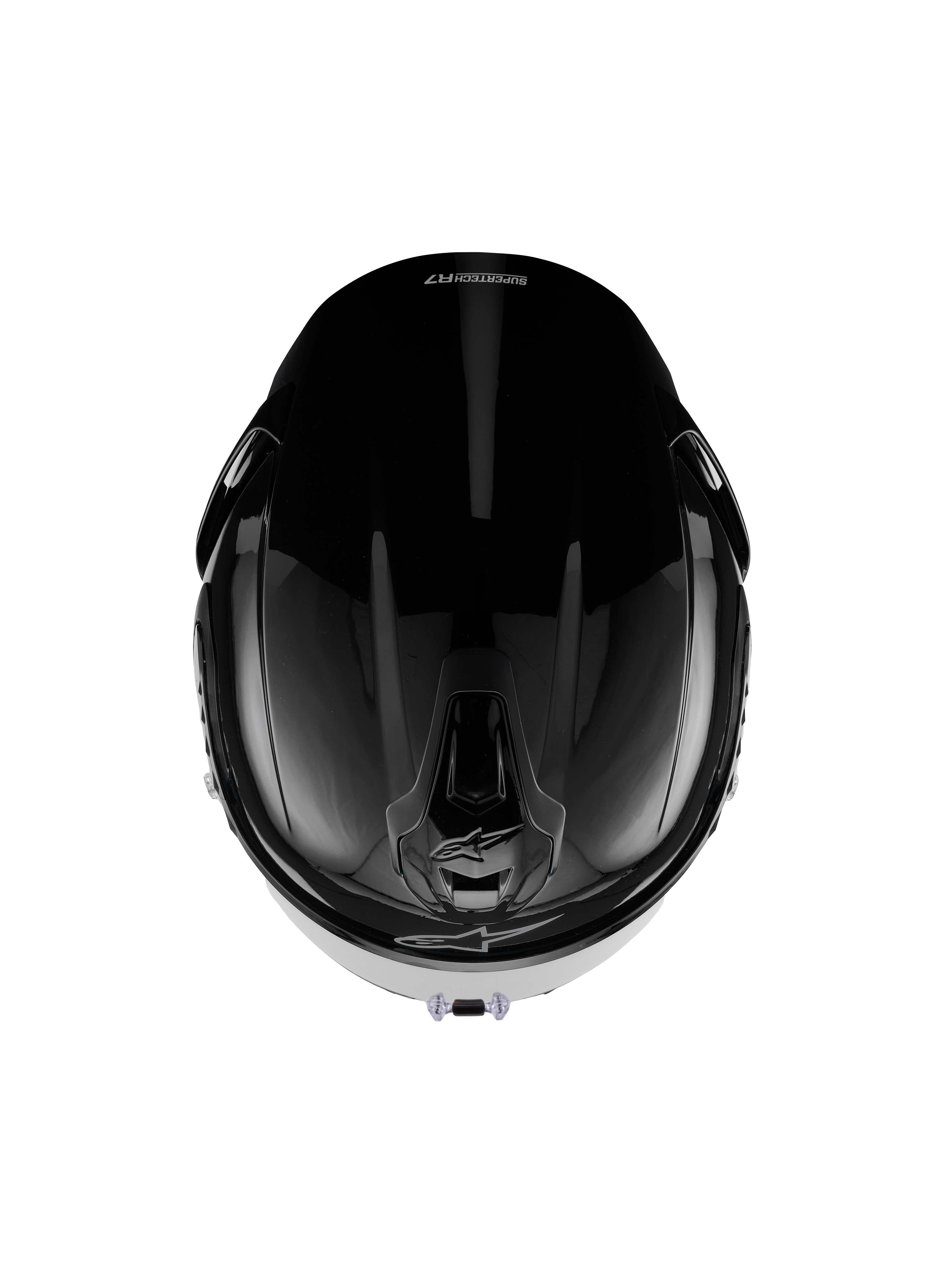 Alpinestars S-R7 Solid Helmet, Full-Face Motorcycle Helmet, Black Glossy, top-down view showing aerodynamic shell, ventilation ports, and sleek glossy finish