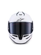 Alpinestars S-R7 Solid Helmet, Full-Face Motorcycle Helmet, White Glossy, front-facing view with dark tinted visor, aerodynamic shell with integrated vents, professional racing and sport gear