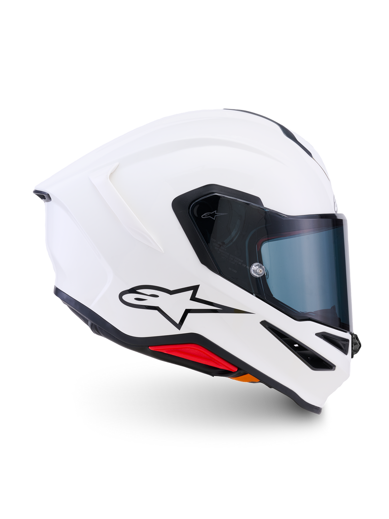Alpinestars S-R7 Solid Helmet ECE 22.06, Full-Face Motorcycle Helmet, White Glossy, carbon composite construction with integrated rear spoiler and clear visor, featuring Alpinestars A-star logo for racing and road performance