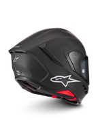 Alpinestars Supertech R7 Solid Helmet, matte black motorcycle helmet with white Astar logo and red interior details, ECE and DOT certified track and road helmet