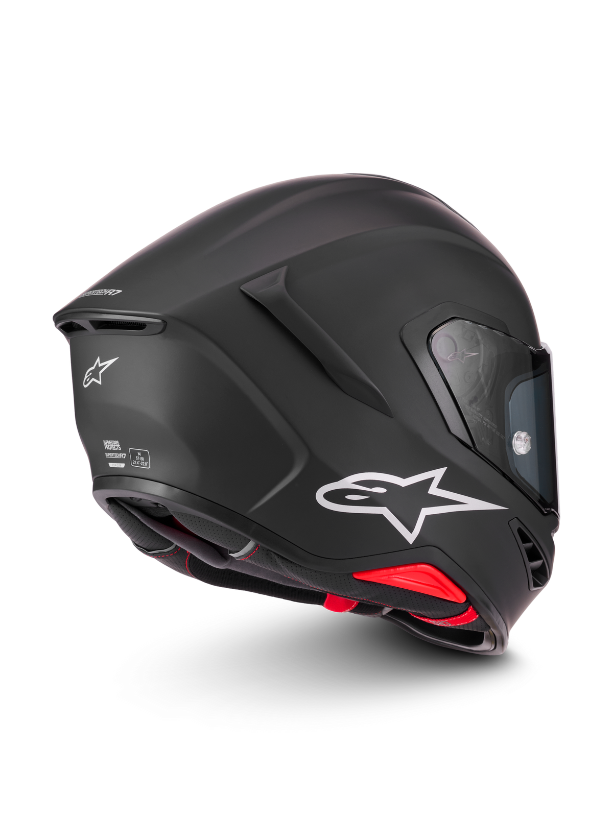 Alpinestars Supertech R7 Solid Helmet, matte black motorcycle helmet with white Astar logo and red interior details, ECE and DOT certified track and road helmet