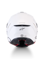 Alpinestars Supertech R7 Solid Helmet, motorcycle road helmet, White Glossy, rear view showing carbon composite construction, ventilation exhaust port, A-star logo, and ECE 22.06 certification label