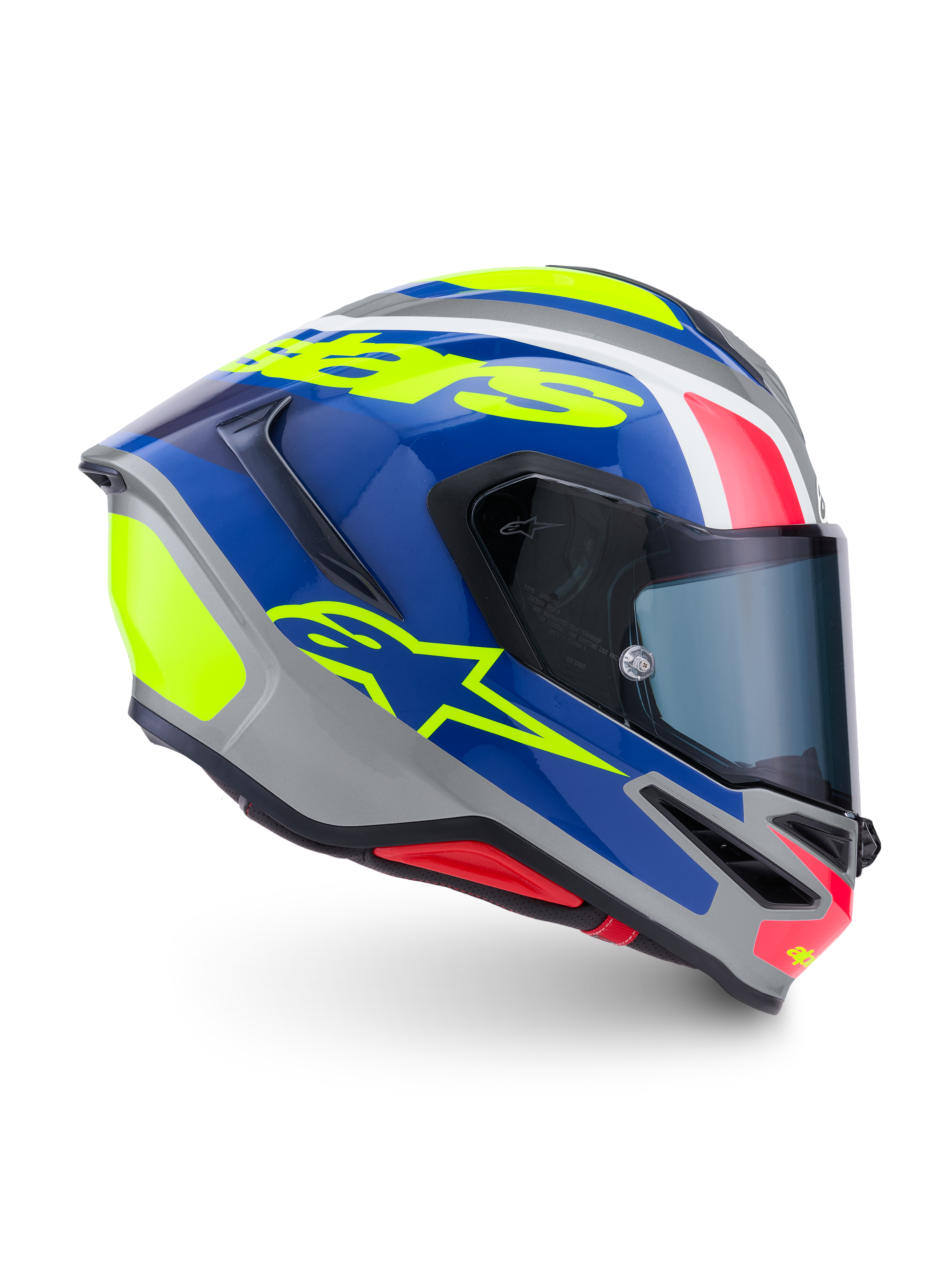 Alpinestars S-R7 Lumen Helmet ECE 22.06, full face motorcycle racing helmet, Silver, Blue, Pink, and Yellow Glossy, featuring carbon composite construction and optical class 1 shield