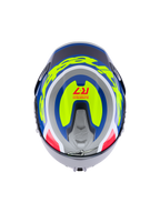 Alpinestars S-R7 Lumen Helmet ECE 22.06, full-face motorcycle racing helmet, top view showing silver, blue, pink, and yellow glossy carbon composite graphics