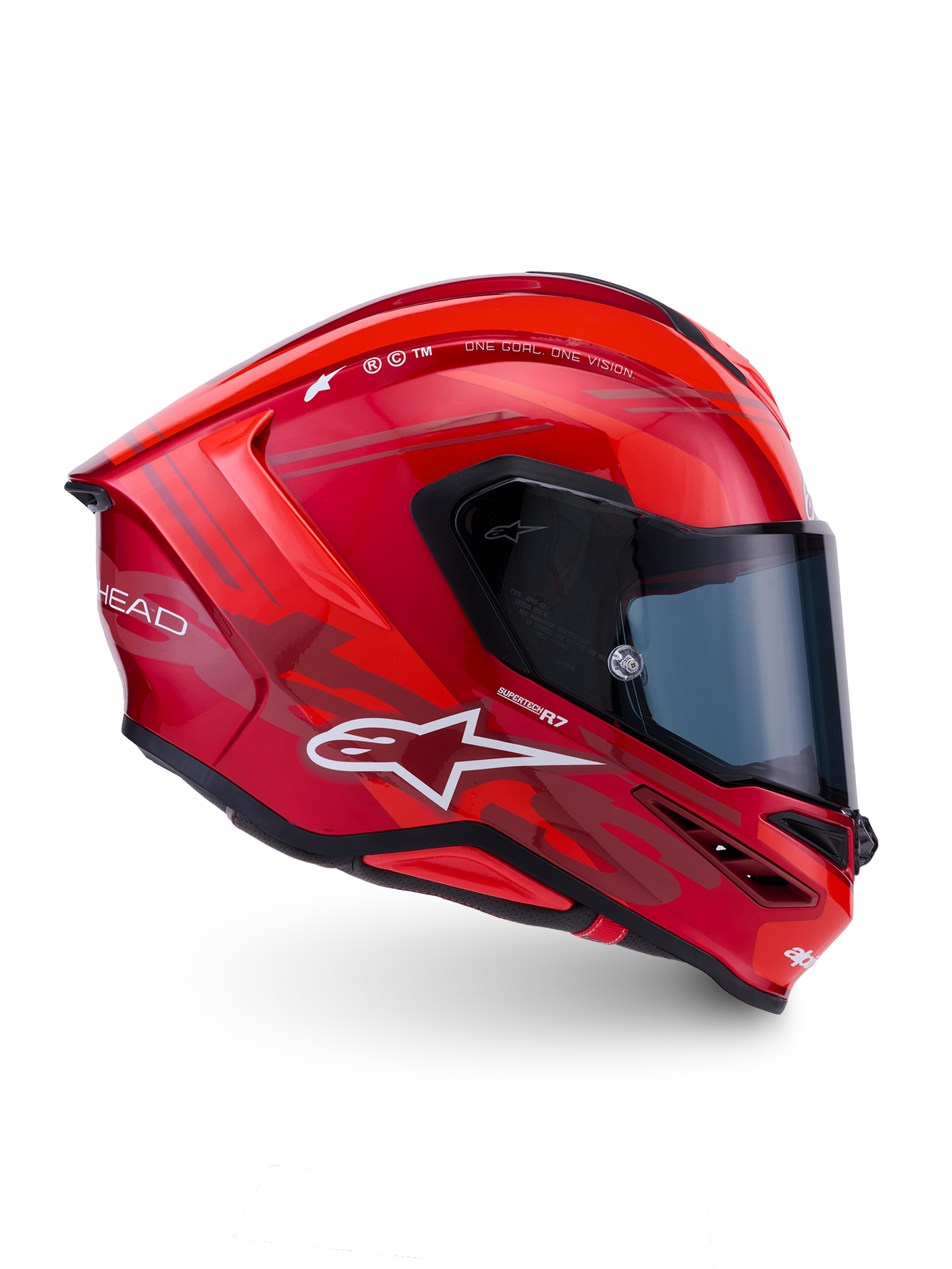 Alpinestars S-R7 A-Core Helmet, full face motorcycle racing helmet, ECE 22.06 certified, Red and White glossy finish with carbon composite construction and integrated aerodynamic spoiler