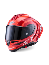 Alpinestars Supertech R10 Arius Helmet, Full-face Racing Helmet, Red and Orange Glossy, featuring white Alpinestars logos, dark tinted visor, aerodynamic carbon composite design with multi-vent cooling system