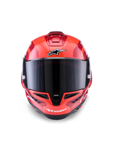 Alpinestars Supertech R10 Arius Helmet, Full-Face Racing Helmet, Red with White and Black accents, front view with dark smoke visor, featuring Alpinestars branding on the forehead and chin, glossy finish with aerodynamic ventilation ports