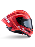 Alpinestars Supertech R10 Arius Helmet, Full-Face Racing Helmet, Glossy Red and Orange, side profile view featuring an aerodynamic rear spoiler, white Astars logo on the chin, and clear visor, engineered for high-speed track performance