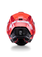 Alpinestars Supertech R10 Arius Helmet, Rear View, Glossy Red and Dark Red design, Large white Alpinestars wordmark across the back, DOT and ECE certification labels visible, high-performance aerodynamic racing helmet