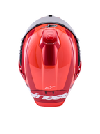 Alpinestars Supertech R10 Arius Helmet, Full-Face Racing Helmet, Red Glossy with White Accents, top view showing aerodynamic shell contours, white Alpinestars branding, and integrated top ventilation