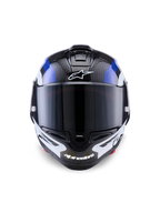 Alpinestars Supertech R10 Arius Helmet, Full-Face Racing Helmet, Black White and Blue Glossy, front view with dark smoke visor, featuring visible carbon fiber texture on the top shell, white Alpinestars logo branding on forehead and chin, sleek aerodynamic design for professional racing