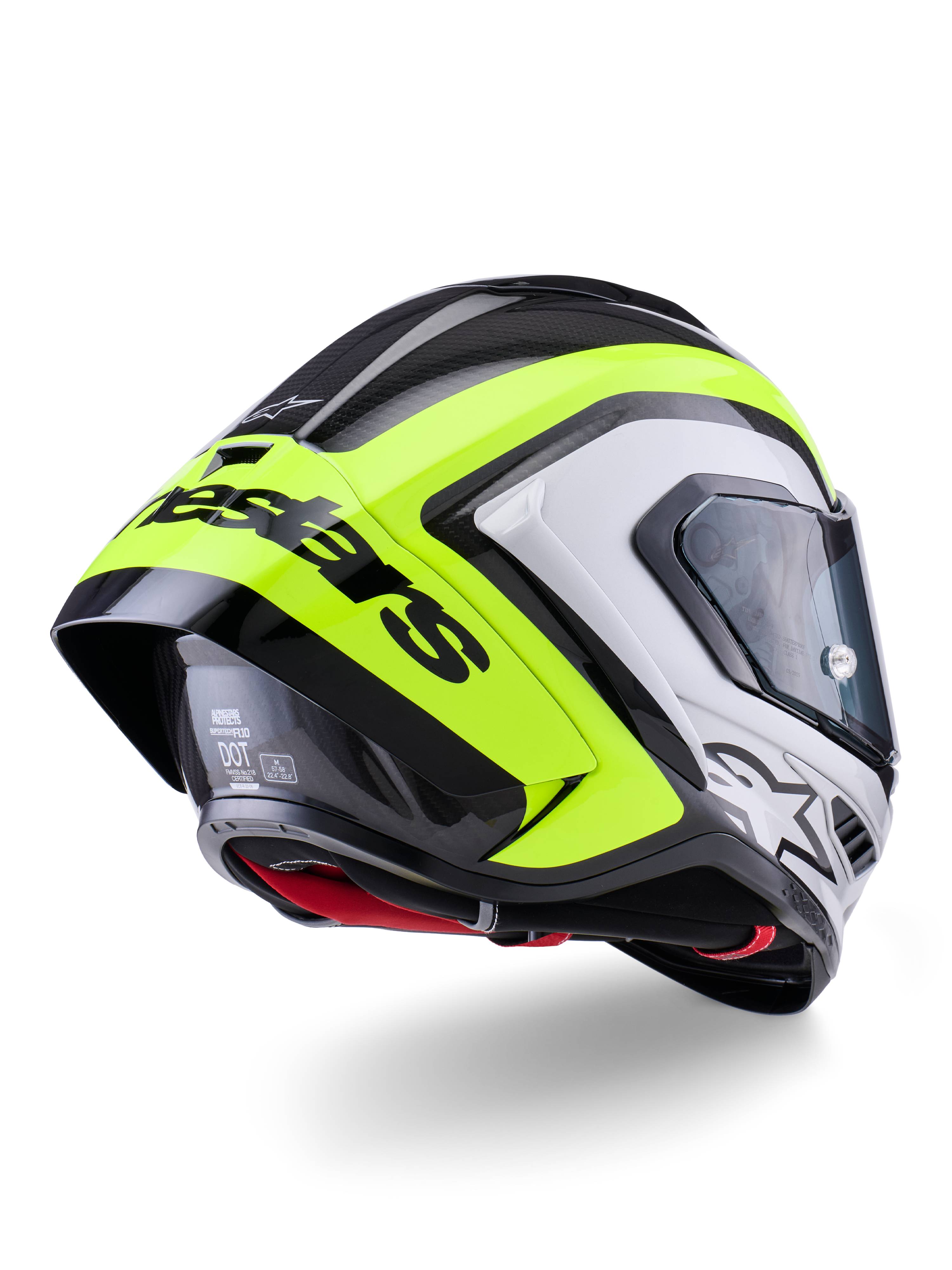 Alpinestars Supertech R10 Arius Helmet, Rear View, Black Silver and Fluo Yellow Glossy, carbon fiber shell construction, large aerodynamic spoiler with black Alpinestars text, racing-grade protection with sleek design