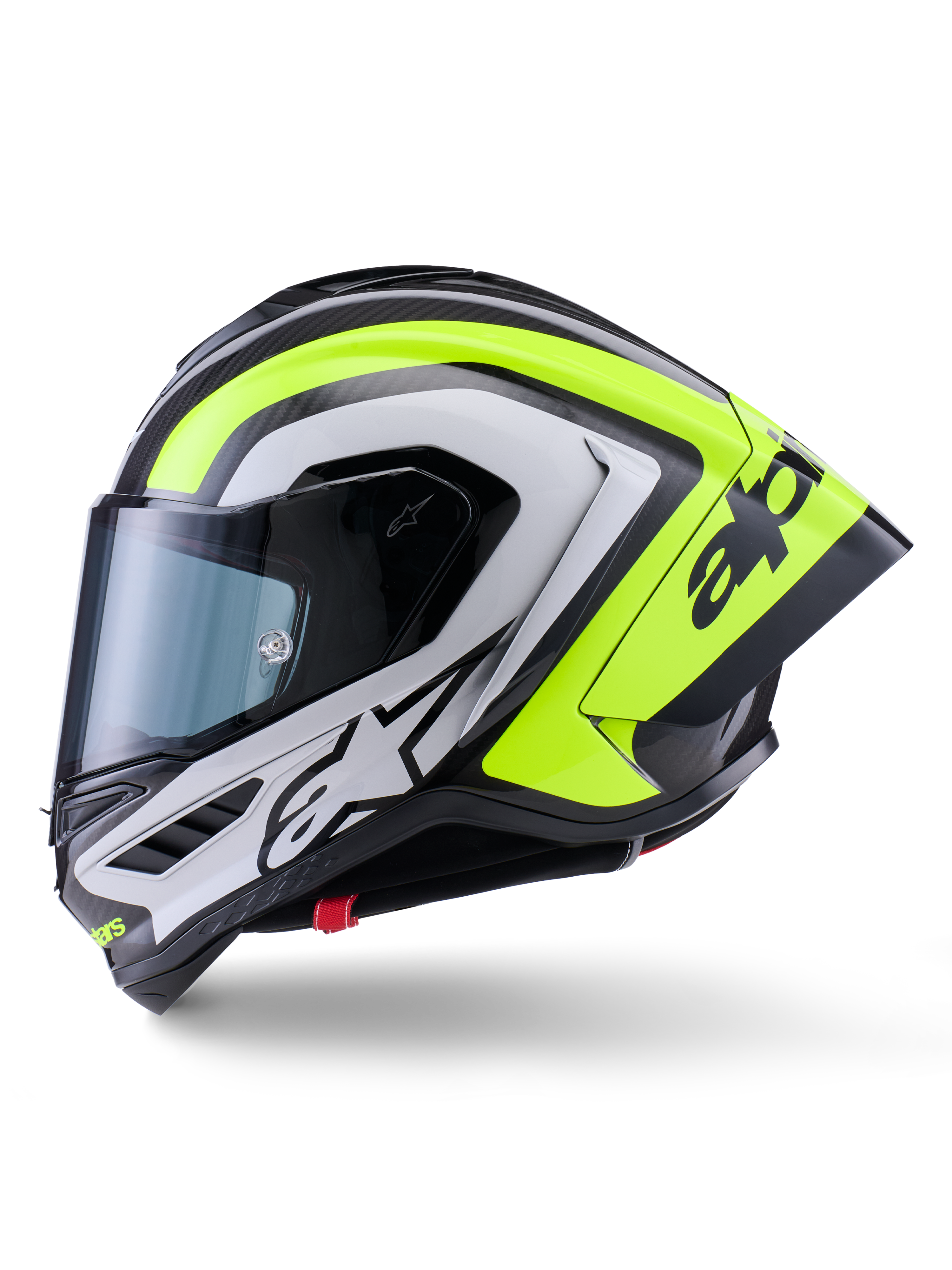 Alpinestars Supertech R10 Arius Helmet, racing motorcycle helmet, Black Silver and Yellow Fluo Glossy, side view, features aerodynamic rear spoiler, carbon fiber construction, bold branding, and tinted visor.