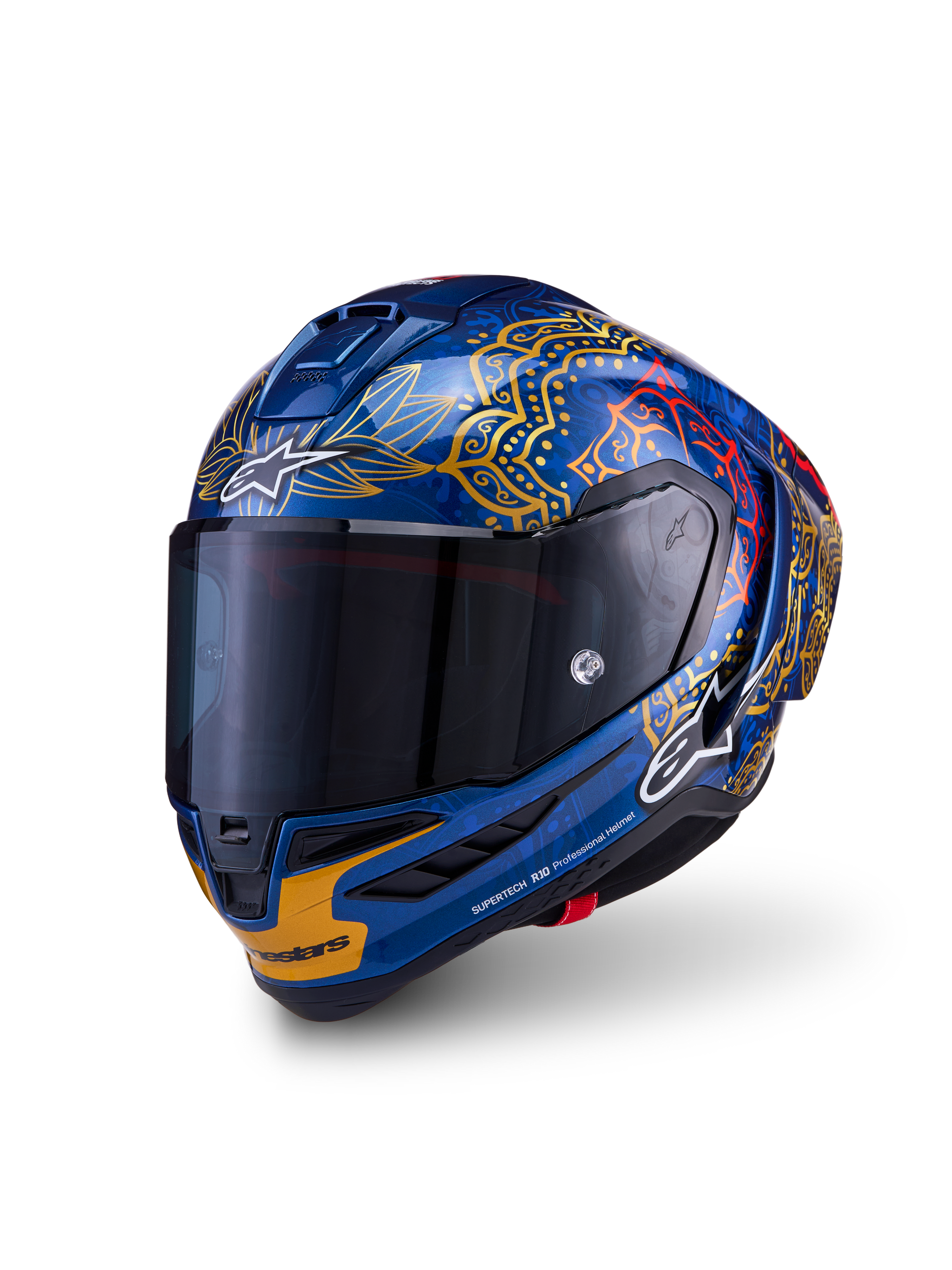 Alpinestars Supertech R10 Martinator Thai Helmet, glossy blue carbon racing helmet with gold graphics and dark smoke visor.