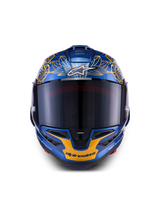 Alpinestars Supertech R10 Martinator Thai LE Helmet in metallic blue and gold carbon fiber with a front-facing tinted visor.