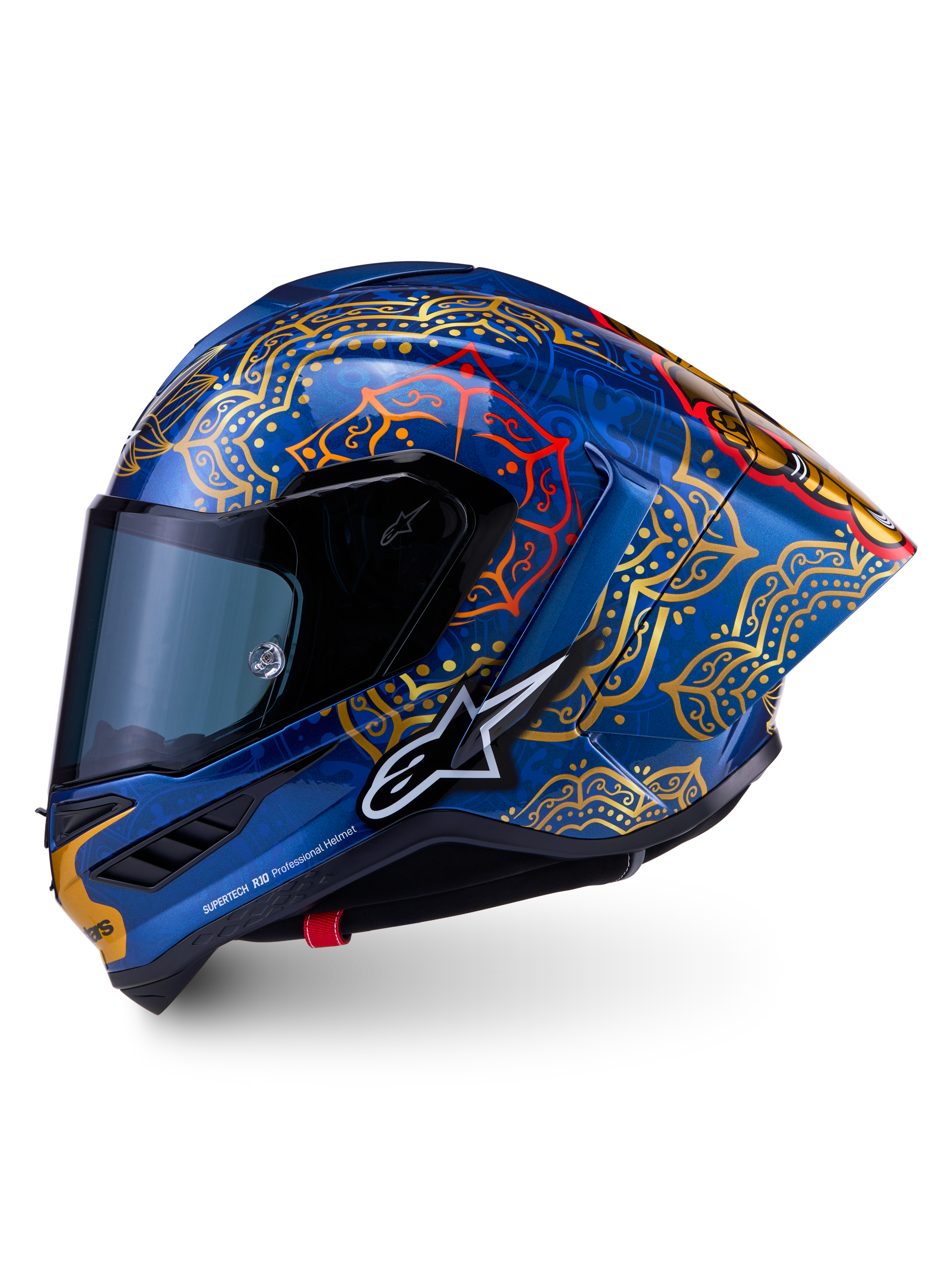 Supertech R10 Martinator Thai Helmet in glossy blue with gold and red mandala graphics and a sleek carbon shell.