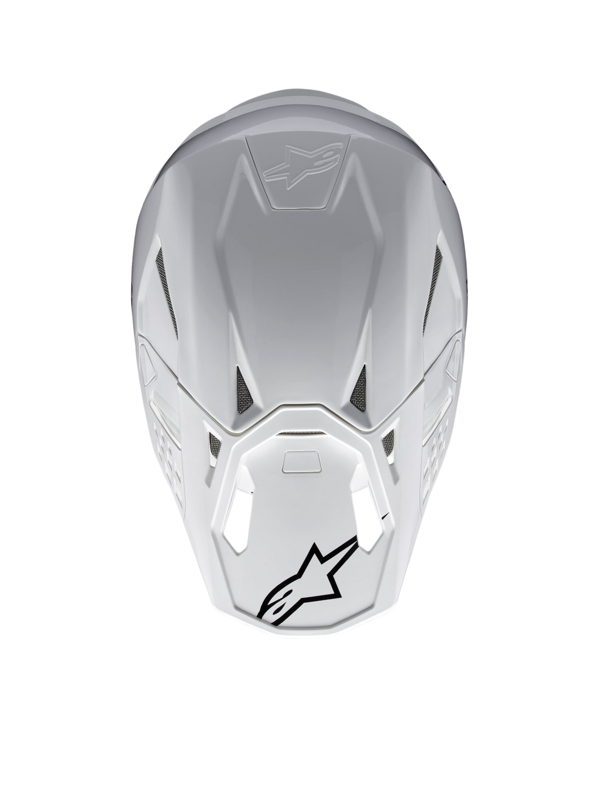 Alpinestars Supertech M10 Solid Helmet ECE 22.06, white glossy motocross helmet, rear view with ventilation ports and black Alpinestars logos, carbon and aramid composite shell