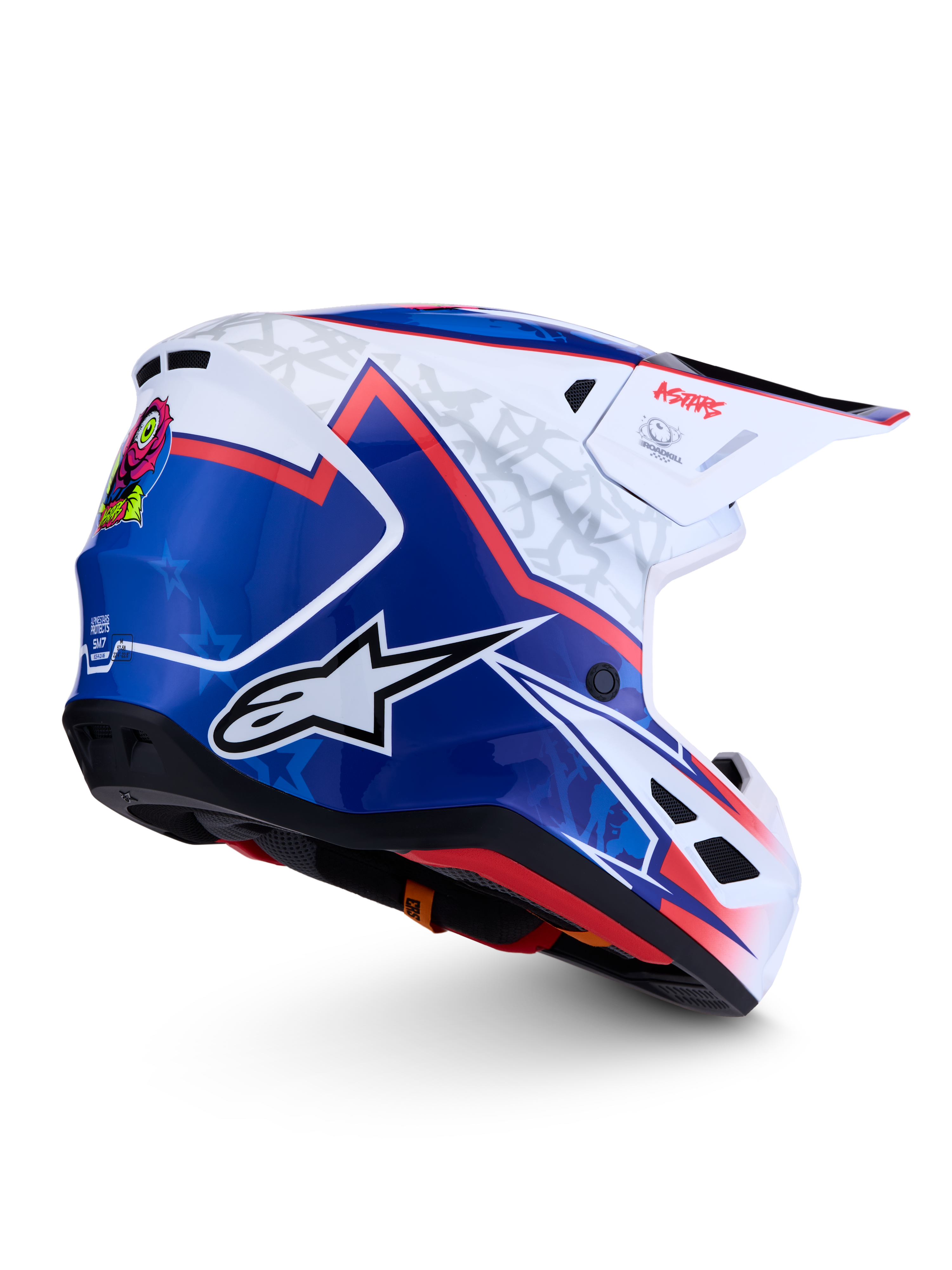 Alpinestars S-M7 Blaster Helmet, glossy Blue and White motocross helmet with red accents and aerodynamic shell.