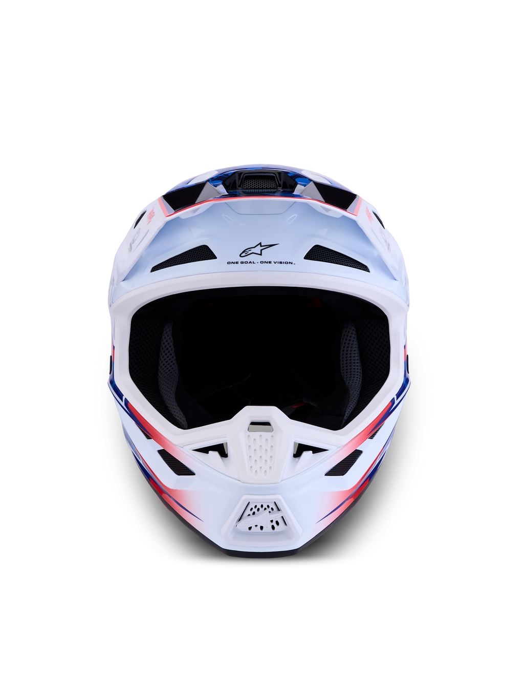 Alpinestars S-M7 Blaster Helmet ECE06, white, blue, and red glossy motocross helmet with a lightweight composite shell.