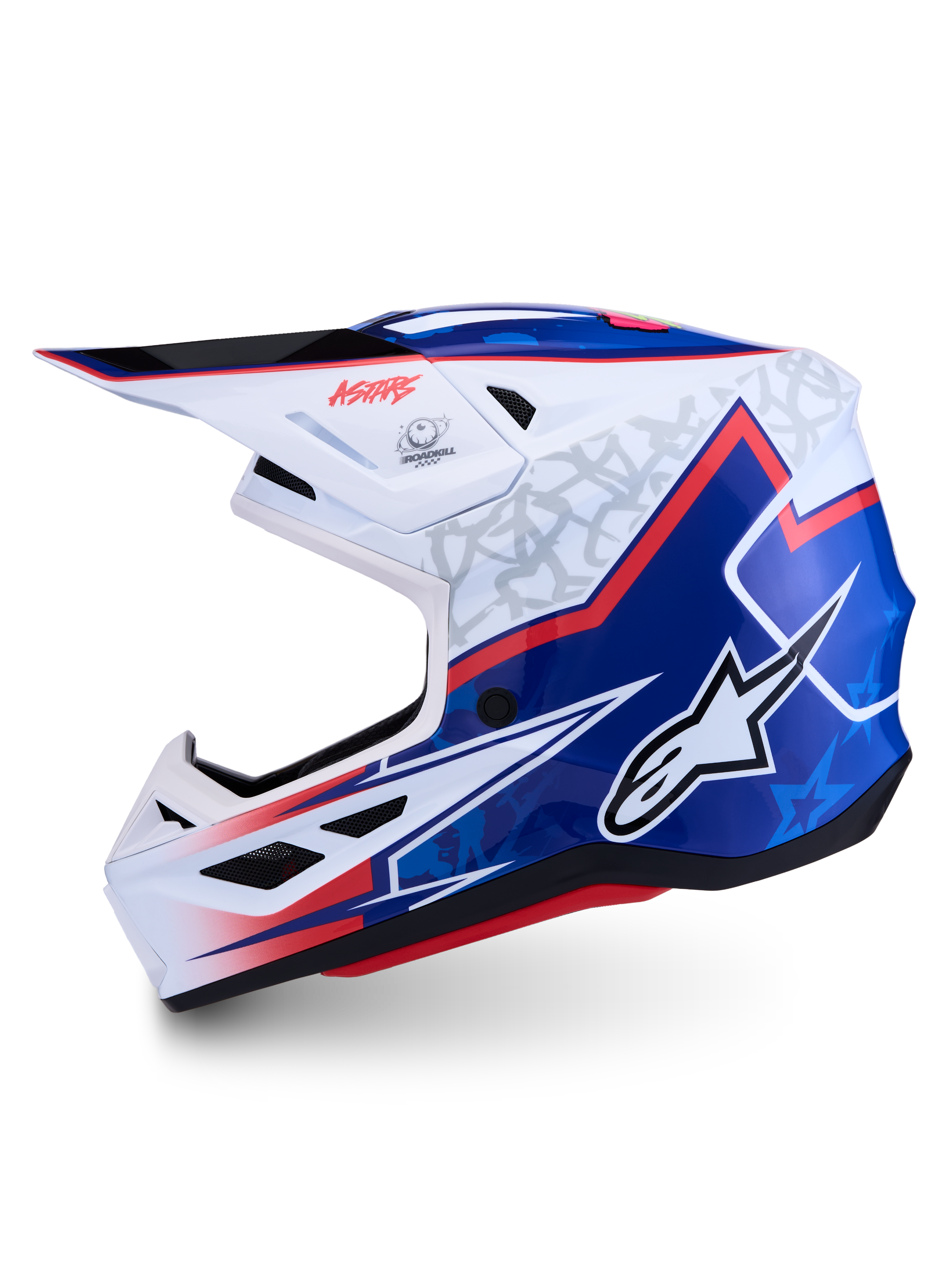 Alpinestars S-M7 Blaster Helmet ECE06, Motocross Helmet in white and blue glossy finish with red accents, ECE 22.06 certified.