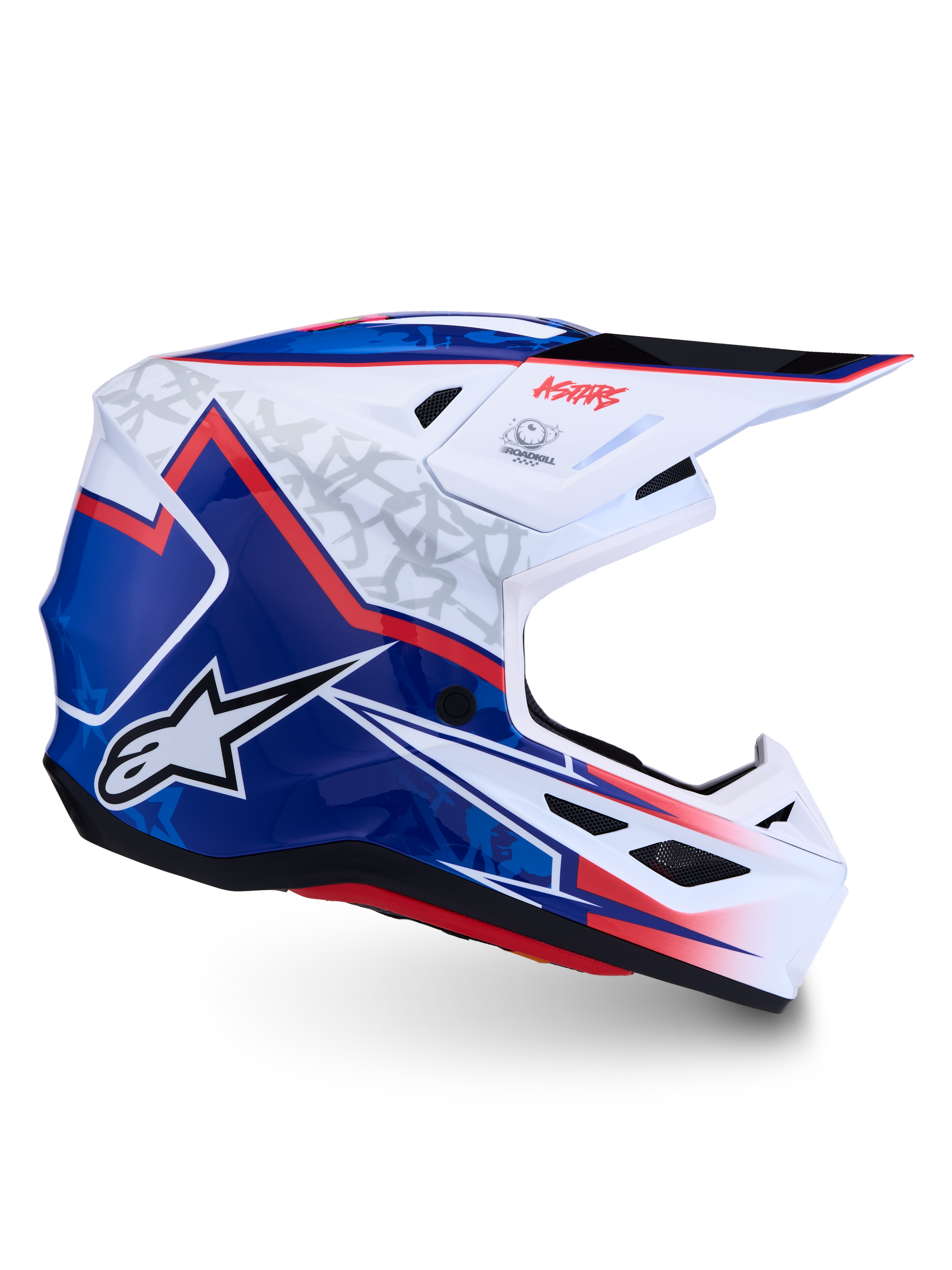 Alpinestars S-M7 Blaster Motocross Helmet, glossy White, Blue, and Red composite shell with ECE 22.06 certification.