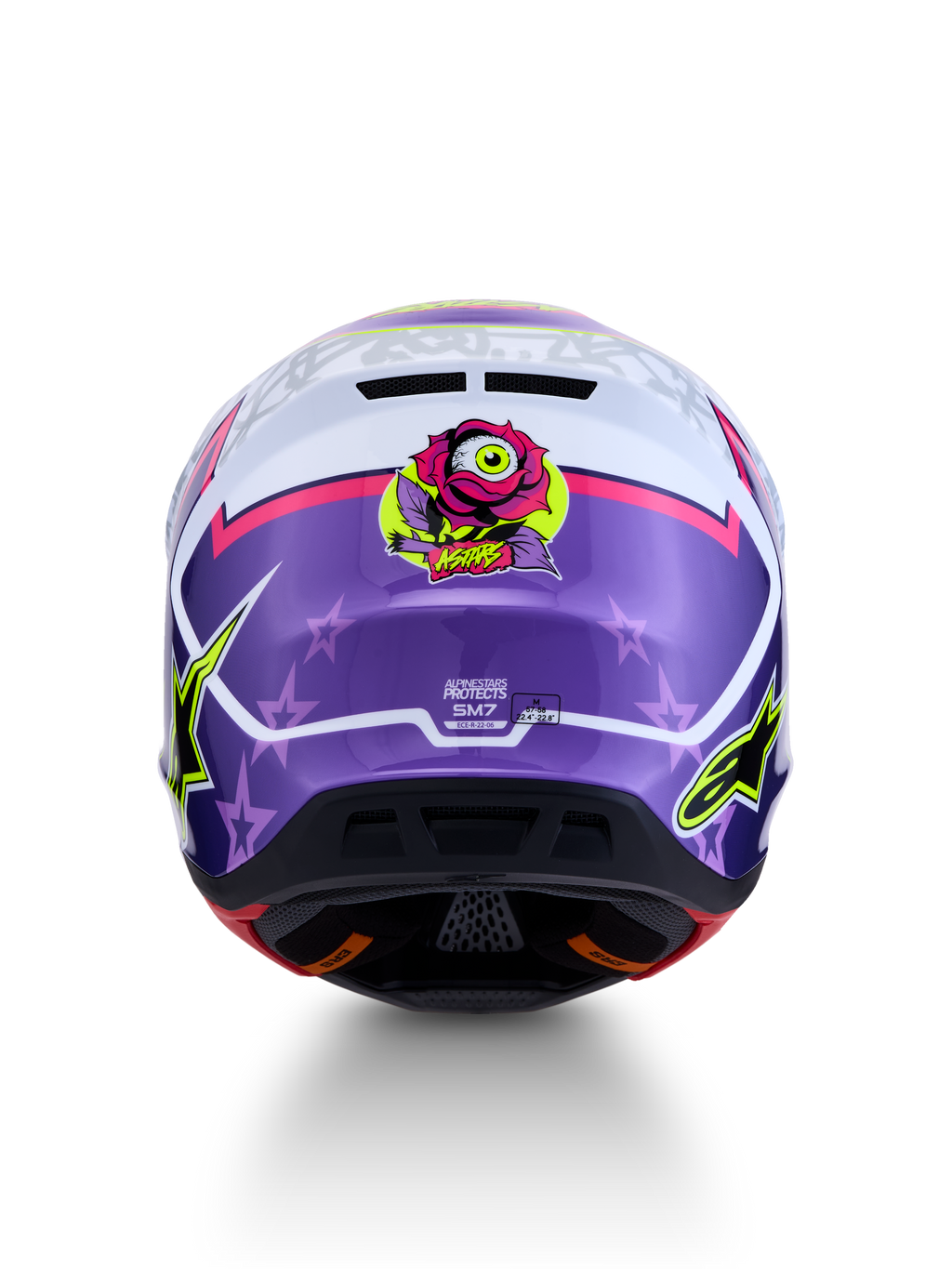 Alpinestars S-M7 Blaster Helmet ECE06, purple and pink glossy motocross helmet with rear rose graphic and star motifs.